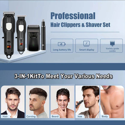 Professional Cordless Hair Clipper Set with LCD Display, Rechargeable Electric Trimmer for Men, Beard & Nose Hair Trimmer All-in-One Grooming Kit , Barber Tools with Combs & Scissors - Perfect Gift for Him