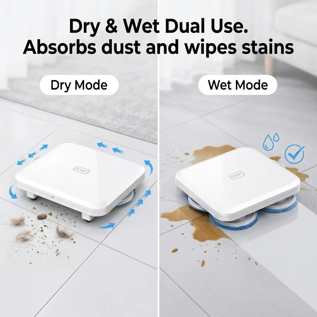 Robot Mop Cleaner, Automatic Dual Turntable Smart Mopping Machine for Hard Floors, Wet and Dry Use, Slim 6cm Low Profile for Under Furniture, Intelligent Home Floor Sweeper, 27.5 x 24.5cm
