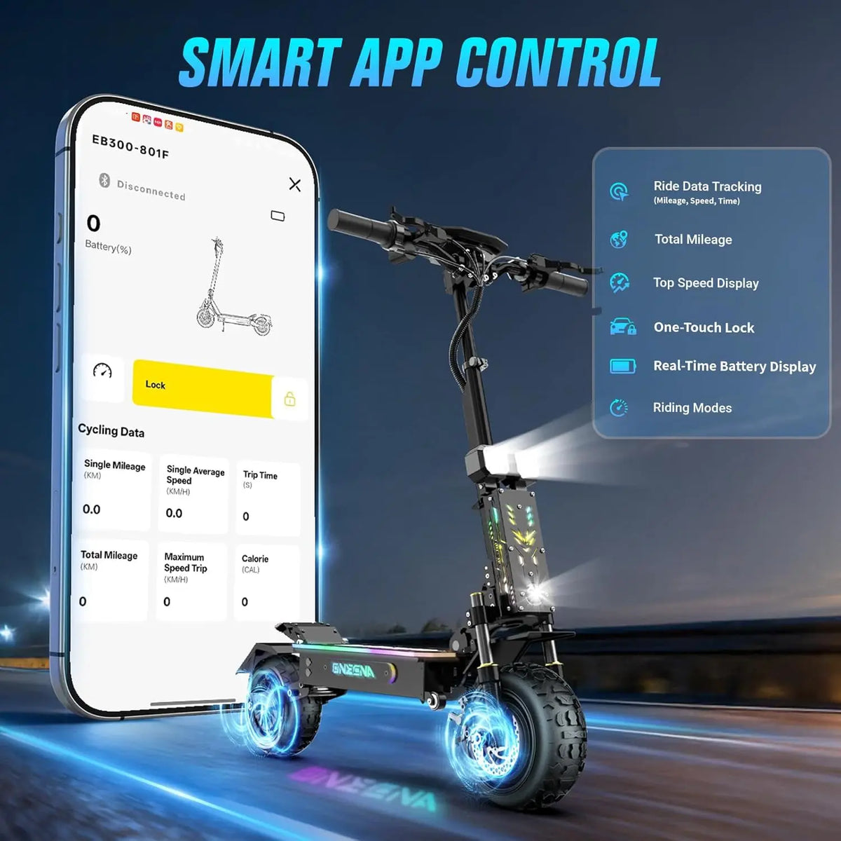 ONECNA GT7 Adult Electric Scooter 5600W Peak Motor 60V27Ah Battery 45 Miles/Hour High Speed 55 Mile Range Dual Shock Absorber Oil Brake System E-ABS Intelligent APP RGB Light Folding Scooter US Inventory FedEx Delivery 3-7 Da