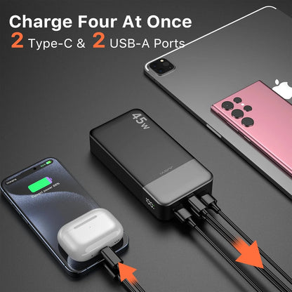 JUOVI Power Bank 20000mAh 45W Portable Charger PD3.0 QC4.0 Fast Charging 4-Port with LED Display Battery Pack Charger Portable for MacBook IPhone17 16 15 14 13 Pro