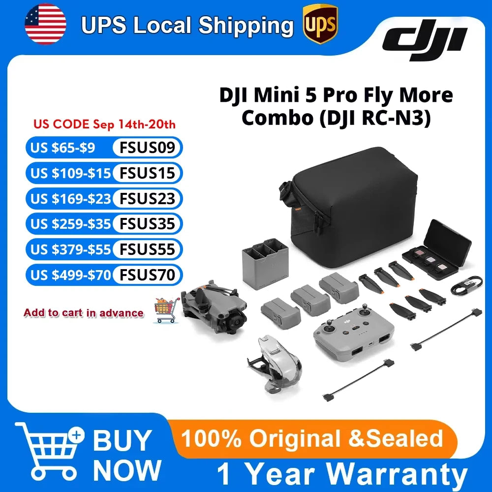 DJI Mini 5 Pro Fly More Combo with DJI RC-N3 Remote Controller Drones with a Camera & 1-Inch CMOS 4K Professional Imaging ActiveTrack 360°Drone for Beginners Travel Vlog
