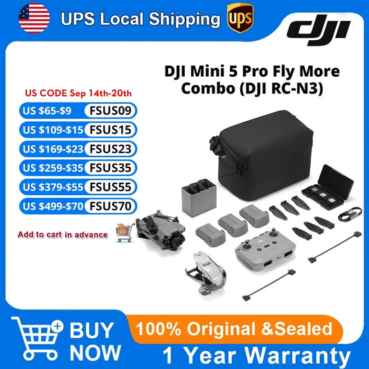 DJI Mini 5 Pro Fly More Combo with DJI RC-N3 Remote Controller Drones with a Camera & 1-Inch CMOS 4K Professional Imaging ActiveTrack 360°Drone for Beginners Travel Vlog