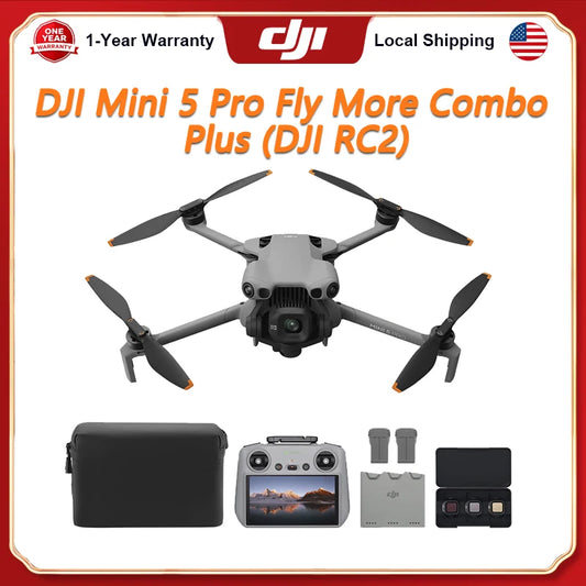 DJI Mini 5 Pro Fly More Combo Plus (DJI RC2) Vlog Drones with 4K Camera Mini 5 Pro Drone Bundle with DJI RC 2 Controller, 1-Inch CMOS, 4K Drone for Beginners, Obstacle Sensing, ActiveTrack 360°, 225° Gimbal Rotation, Extend