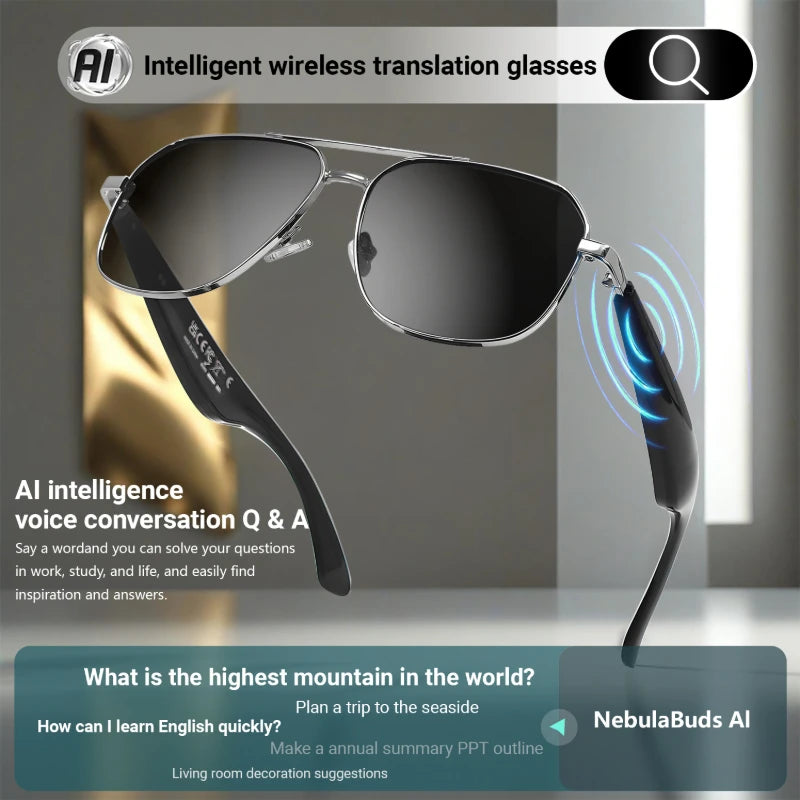 AI Translation Glasses, wireless smart glasses, support for over 100 languages, blue light-blocking lenses, built-in microphone/speaker, open-ear music and high-definition calls, photo capture control, USB magnetic charging,