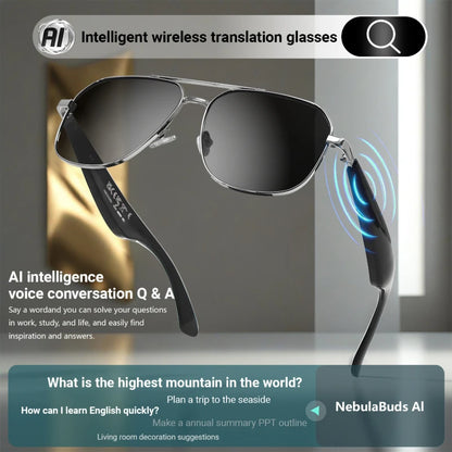 AI Translation Glasses, wireless smart glasses, support for over 100 languages, blue light-blocking lenses, built-in microphone/speaker, open-ear music and high-definition calls, photo capture control, USB magnetic charging,
