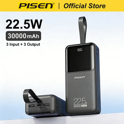 PISEN 22.5W Power Bank 30000mAh Large Capacity QC PD 3.0 Fast Charging PowerBank 20W Portable External Battery For iPhone Samsung Xiaomi Huawei Headphones