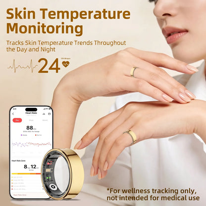 Smart Health Ring Body Temp Heart Rate Blood Oxygen Sleep Monitor 5ATM Waterproof Bluetooth 5.2 with Charging Case QRing APP