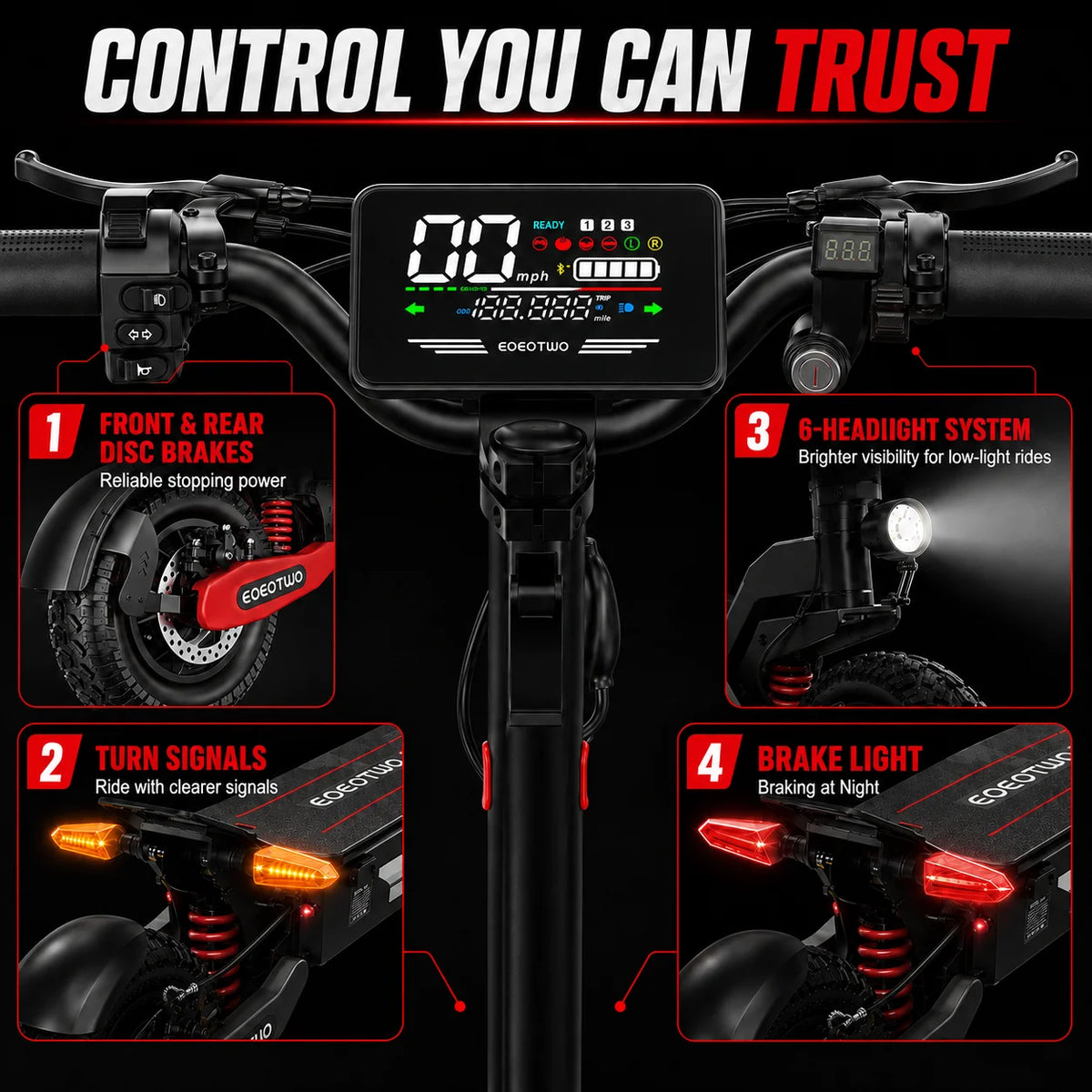 EOEOTWO GT06 Electric Scooter for Adults, 1200W Motor, Up to 30 MPH, 20/40 Miles Long Range, 11" Off-Road Tubeless Tires, Dual Suspension, Dual Disc Brakes, Foldable Commuter E-Scooter