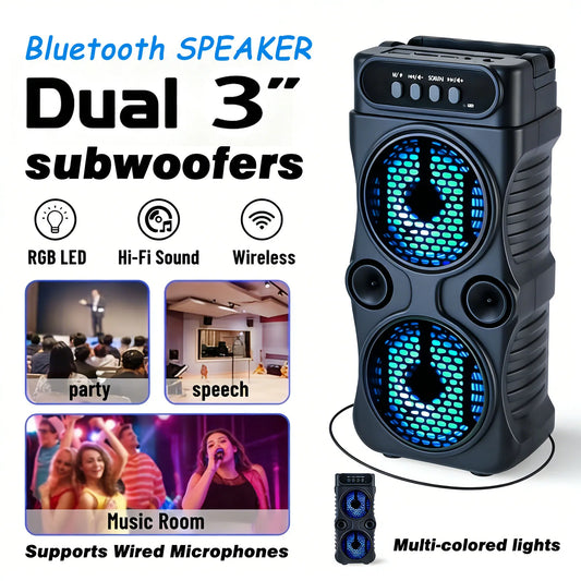 Portable wireless Bluetooth speaker with  multi-mode colorful lights. Supports TF card, USB Type-C port and FM radio. Suitable for parties, outdoor camping, square dancing and other occasions. A lovely gift.