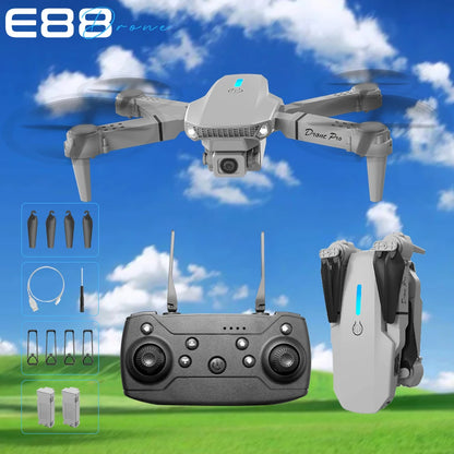 FACEGLE upgraded E88 dual camera drone, dual cameras, fixed altitude hover, smoother flight, one click stunt roll, headless mode, LED lights, protective frame, one click control, suitable for beginners, foldable quadcopter, b