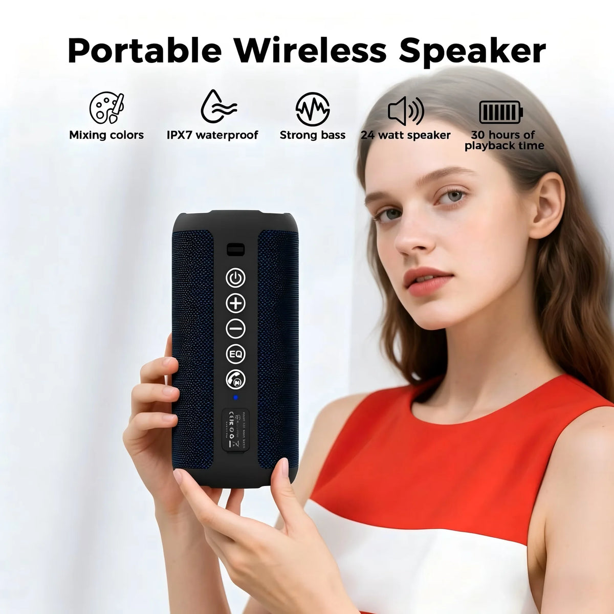 Portable Bluetooth Speaker ,24W Loud Bass for Pool Parties & Outdoor Adventures, IPX7 Waterproof, Beat-Synced LED Lights, Wireless Stereo Pairing
