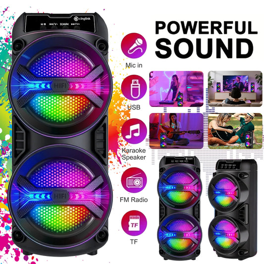 Portable wireless Bluetooth speaker with microphone and multi-mode colorful lights. Supports TF card, USB Type-C port and FM radio. Suitable for parties, outdoor camping, square dancing and other occasions. A lovely gift.