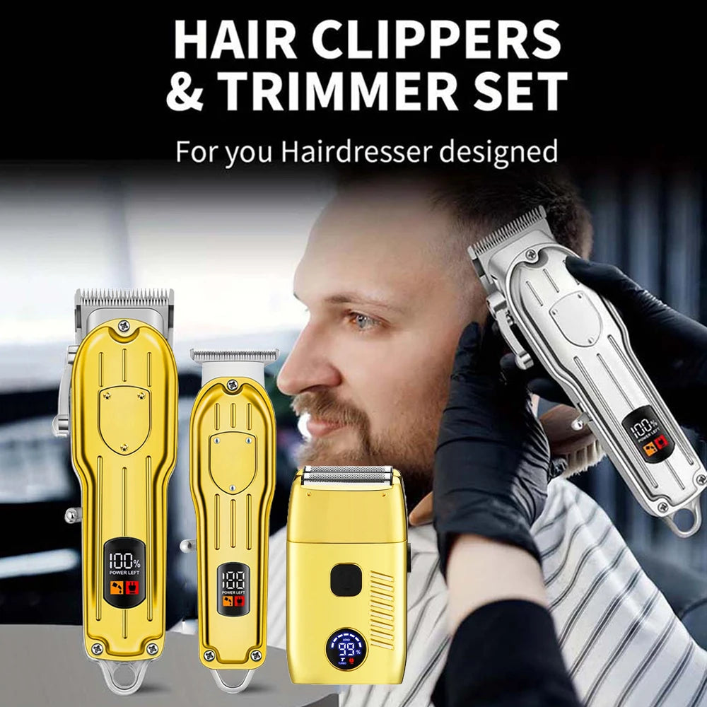 Professional Electric Hair Clipper Set with LED Display, USB Rechargeable Beard Trimmer & Foil Shaver for Men – Includes Guards, Scissors, Comb & Cape