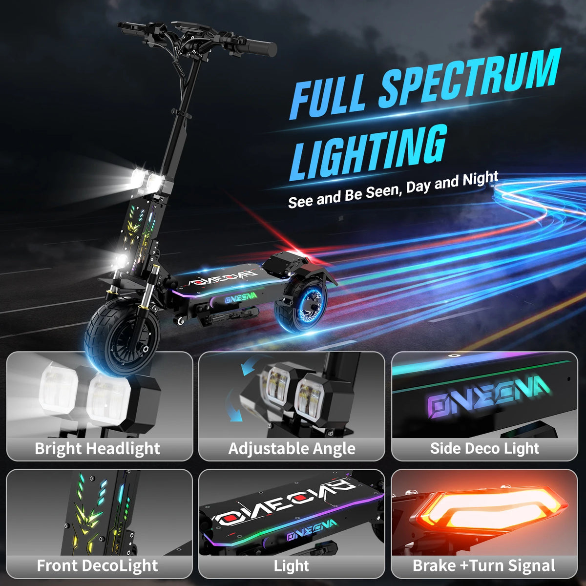 ONECNA GT7 Adult Electric Scooter 5600W Peak Motor 60V27Ah Battery 45 Miles/Hour High Speed 55 Mile Range Dual Shock Absorber Oil Brake System E-ABS Intelligent APP RGB Light Folding Scooter US Inventory FedEx Delivery 3-7 Da