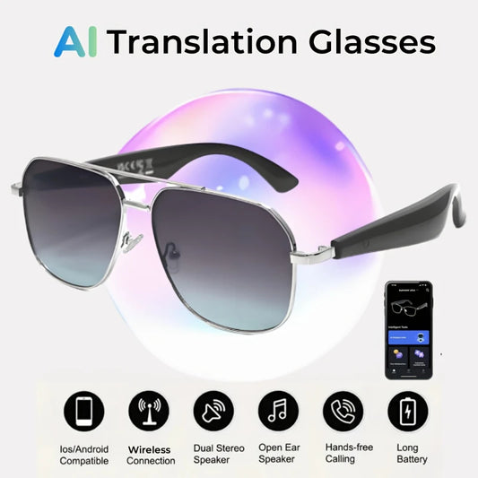 AI Translation Glasses, wireless smart glasses, support for over 100 languages, blue light-blocking lenses, built-in microphone/speaker, open-ear music and high-definition calls, photo capture control, USB magnetic charging,