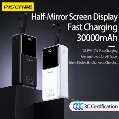 PISEN 22.5W Power Bank 30000mAh Large Capacity QC PD 3.0 Fast Charging PowerBank 20W Portable External Battery For iPhone Samsung Xiaomi Huawei Headphones