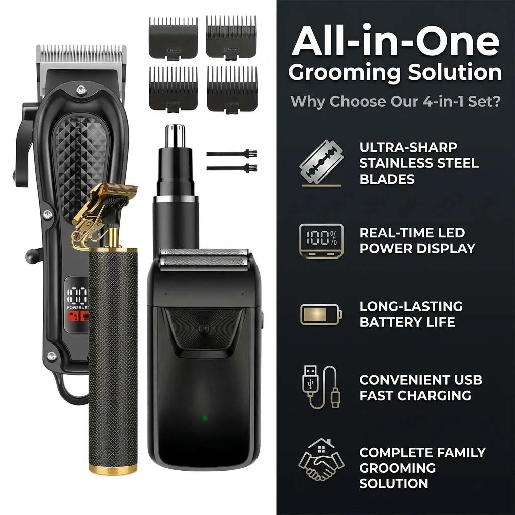 4 in 1 Men's Hair Clipper Set, Cordless Electric Trimmer, Foil Shaver & Nose Trimmer Kit,Beard Cutter, USB Rechargeable Grooming Kit with LED Display, Multiple Guide comb