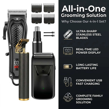 4 in 1 Men's Hair Clipper Set, Cordless Electric Trimmer, Foil Shaver & Nose Trimmer Kit,Beard Cutter, USB Rechargeable Grooming Kit with LED Display, Multiple Guide comb
