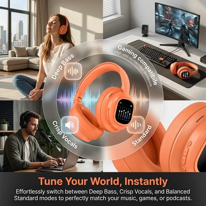 Hi‑Fi Stereo Over‑Ear Foldable Bluetooth Headphones, Wireless Noise Cancelling Headset Equipped with Detachable Magnetic Touch Screen for Phone PC