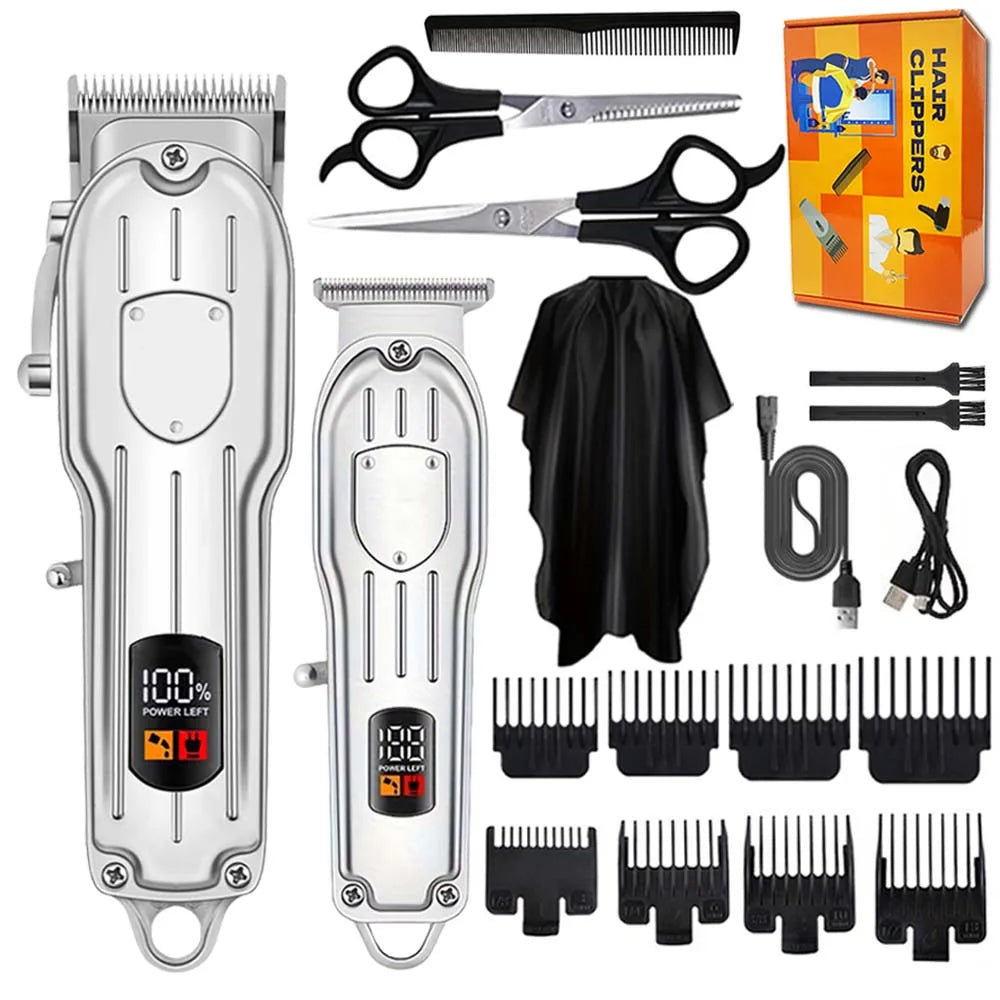 Professional Electric Hair Clipper Set with LED Display, USB Rechargeable Beard Trimmer & Foil Shaver for Men – Includes Guards, Scissors, Comb & Cape