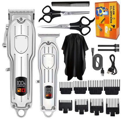Professional Electric Hair Clipper Set with LED Display, USB Rechargeable Beard Trimmer & Foil Shaver for Men – Includes Guards, Scissors, Comb & Cape