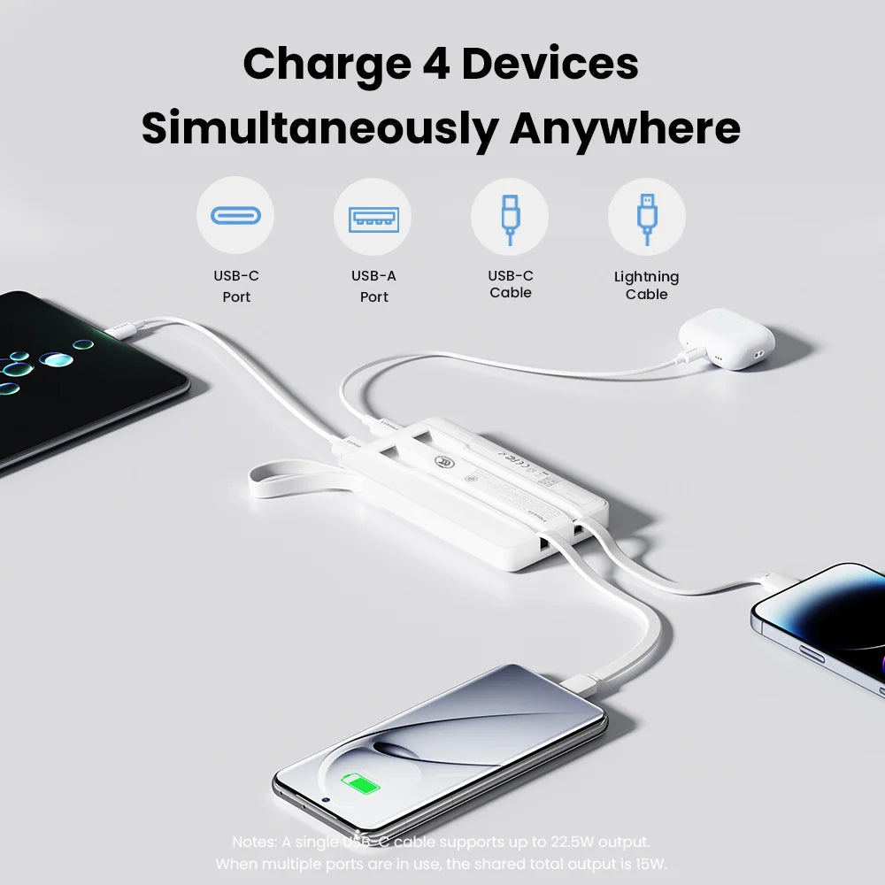 PISEN 22.5W Power Bank 10000mAh With Built-in Type C/L Cables Fast Charging Powerbank LED Display, Portable Charger For iPhone Samsung