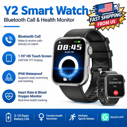 Y2 Smart Watch Bluetooth Call 1.93" HD Touch Screen IP68 Waterproof Heart Rate Blood Oxygen Monitor Fitness Watch For Android IOS