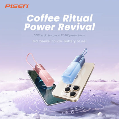 PISEN GlamVolt 5000mAh 30W Power Bank with Built-in USB-C Cable, 2-in-1 Wall Charger & Battery Pack, Fast Charging Travel Essential for iPhone 17/16/15, Samsung Galaxy S24/S23, Pixel 8/7 and More