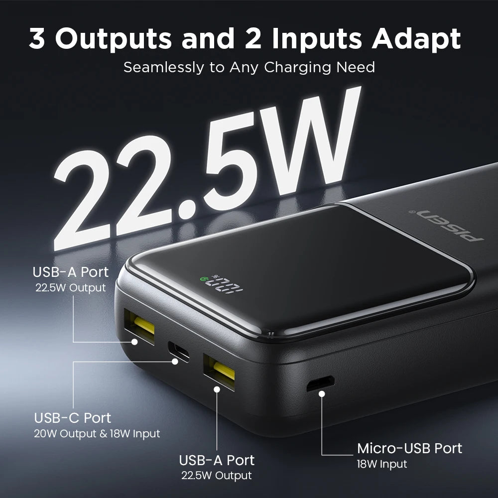 PISEN 20000mAh PD 20W Quick Power Bank SCP 22.5W Portable Powerbank Fast Charging External Battery For Huawei iPhone Xiaomi