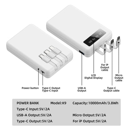 Mini Slim 10000mAh Portable Power Bank, Built-in LED Digital Display, 1 USB-A Port & 3 Integrated Cables, Small Lightweight Design, Multi-Device Simultaneous Charging for Travel, Camping and Emergency, Compatible with Android