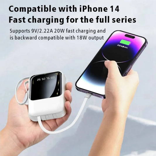 Mini Power Bank with Built‑in Cables, Digital LED Display, Large Capacity Compact Portable Mobile Charger for Phone