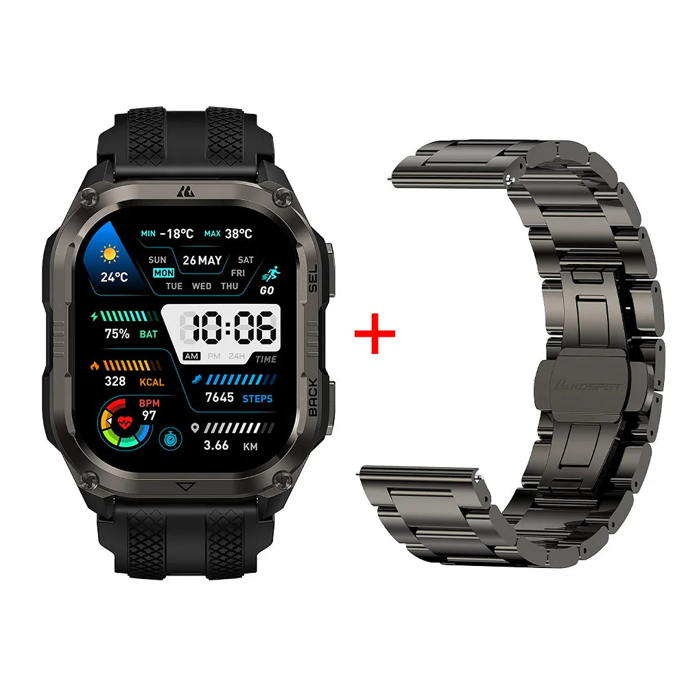 2026 KOSPET PULSE 2 Rugged Military Smartwatch Men Dual Band GPS 6 GNSS AMOLED 1.96" 5ATM IP69 LED Flashlight 170+ Sports