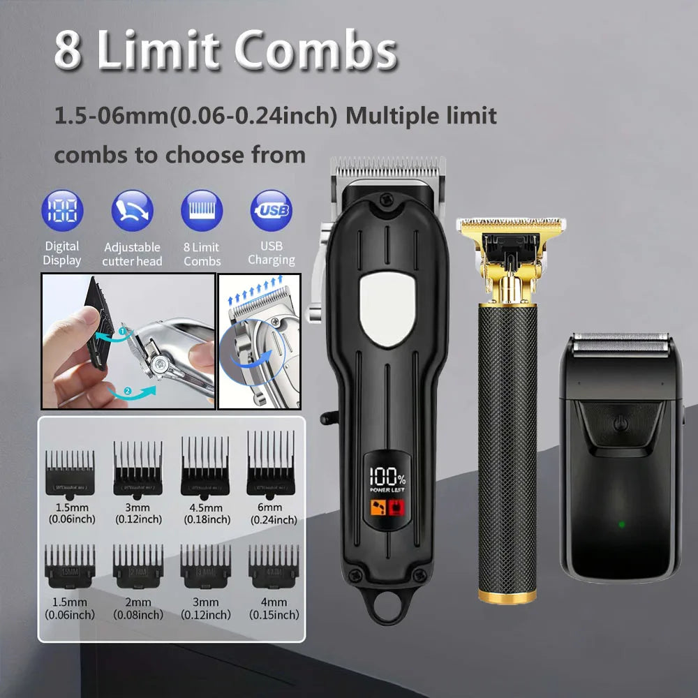 Professional Men's Hair Cutting Kit - 1/2/3pcs Electric Clippers & Trimmers Set with Foil Shaver, Barber Scissors, Combs - Rechargeable Beard Trimmer for Precision Fading & Zero Gap Carving