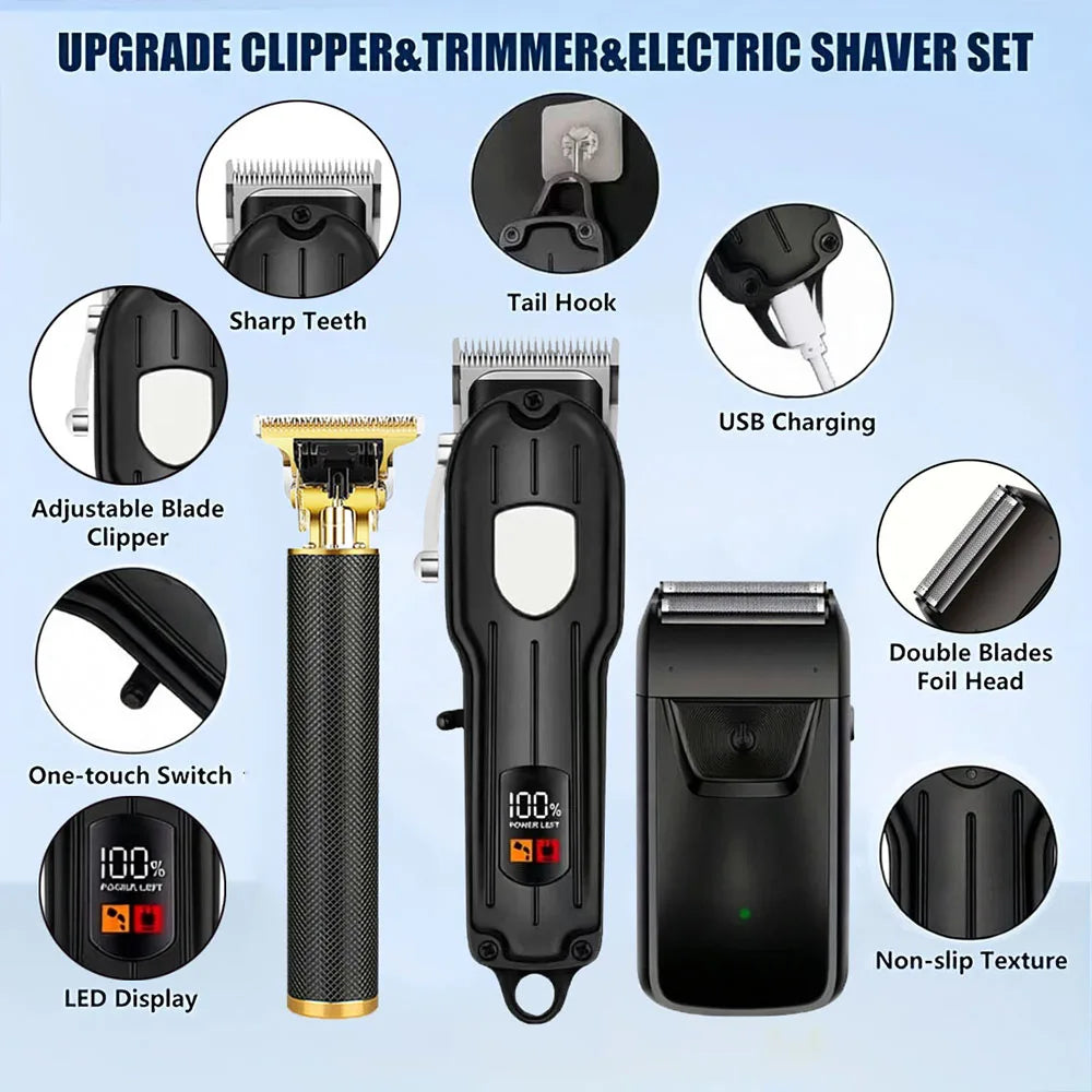 Professional Men's Hair Cutting Kit - 1/2/3pcs Electric Clippers & Trimmers Set with Foil Shaver, Barber Scissors, Combs - Rechargeable Beard Trimmer for Precision Fading & Zero Gap Carving