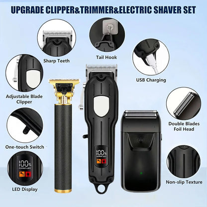 Professional Men's Hair Cutting Kit - 1/2/3pcs Electric Clippers & Trimmers Set with Foil Shaver, Barber Scissors, Combs - Rechargeable Beard Trimmer for Precision Fading & Zero Gap Carving