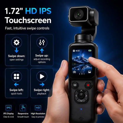4K Pocket Vlogging Camera, With 64GB Memory Card, 75MP Digital Camera With Single-Axis Horizontal 330°, 1.72" Touch Screen, Fast Auto Focusing, Face Auto-Detect, 4X Zoom for Daily Recording
