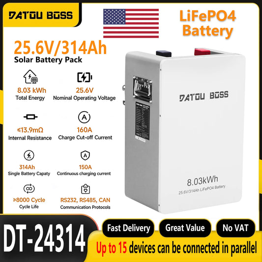 25.6V 314Ah 8.03kWh Wall‑mount LiFePO4 Battery Built‑in BMS RS232 RS485 CAN Bluetooth APP Monitor Up to 15 Units Parallel 8000+ Cycles Solar Energy Storage Battery for Home Commercial UPS Backup Power