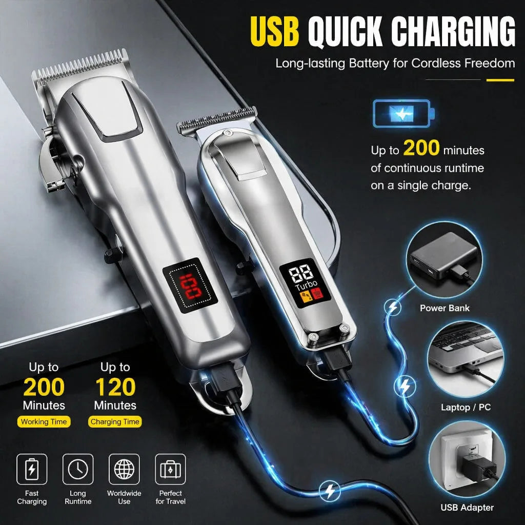 Professional 3-in-1 Hair Clipper Trimmer Set for Men - Electric Shaver Rechargeable Grooming Kit with LED Display Beard Trimming Machine