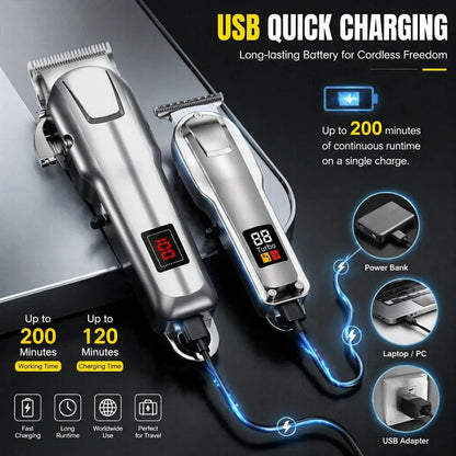 Professional 3-in-1 Hair Clipper Trimmer Set for Men - Electric Shaver Rechargeable Grooming Kit with LED Display Beard Trimming Machine