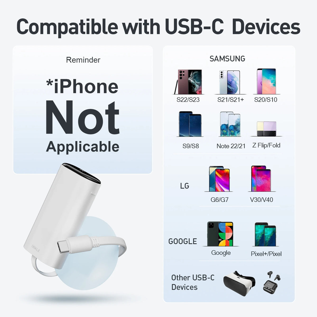 IWALK portable power bank with large capacity and fast charging comes with 9600mAh built-in cable suitable for iPhone Lightning