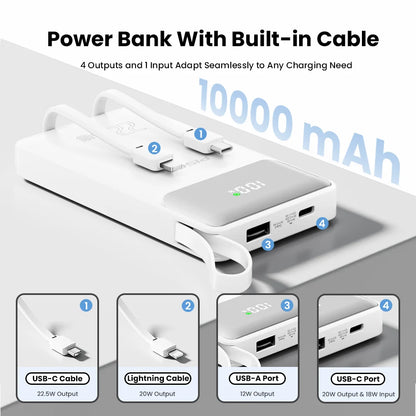 PISEN 22.5W Power Bank 10000mAh With Built-in Type C/L Cables Fast Charging Powerbank LED Display, Portable Charger For iPhone Samsung