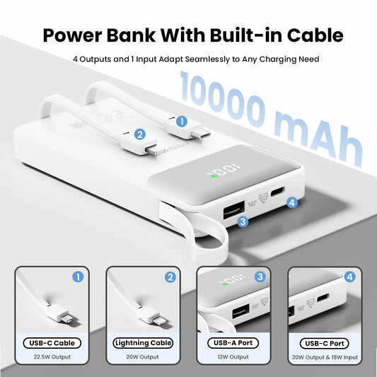 PISEN 22.5W Power Bank 10000mAh With Built-in Type C/L Cables Fast Charging Powerbank LED Display, Portable Charger For iPhone Samsung