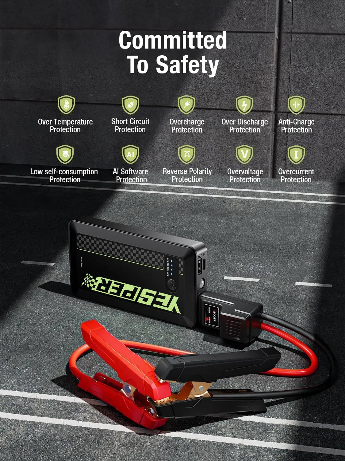 YESPER 1500A Portable Jump Starter 12V Pocket-Sized Lightweight Booster Pack, for Car Motorcycle SUV 7L Gas 5.5L Diesel