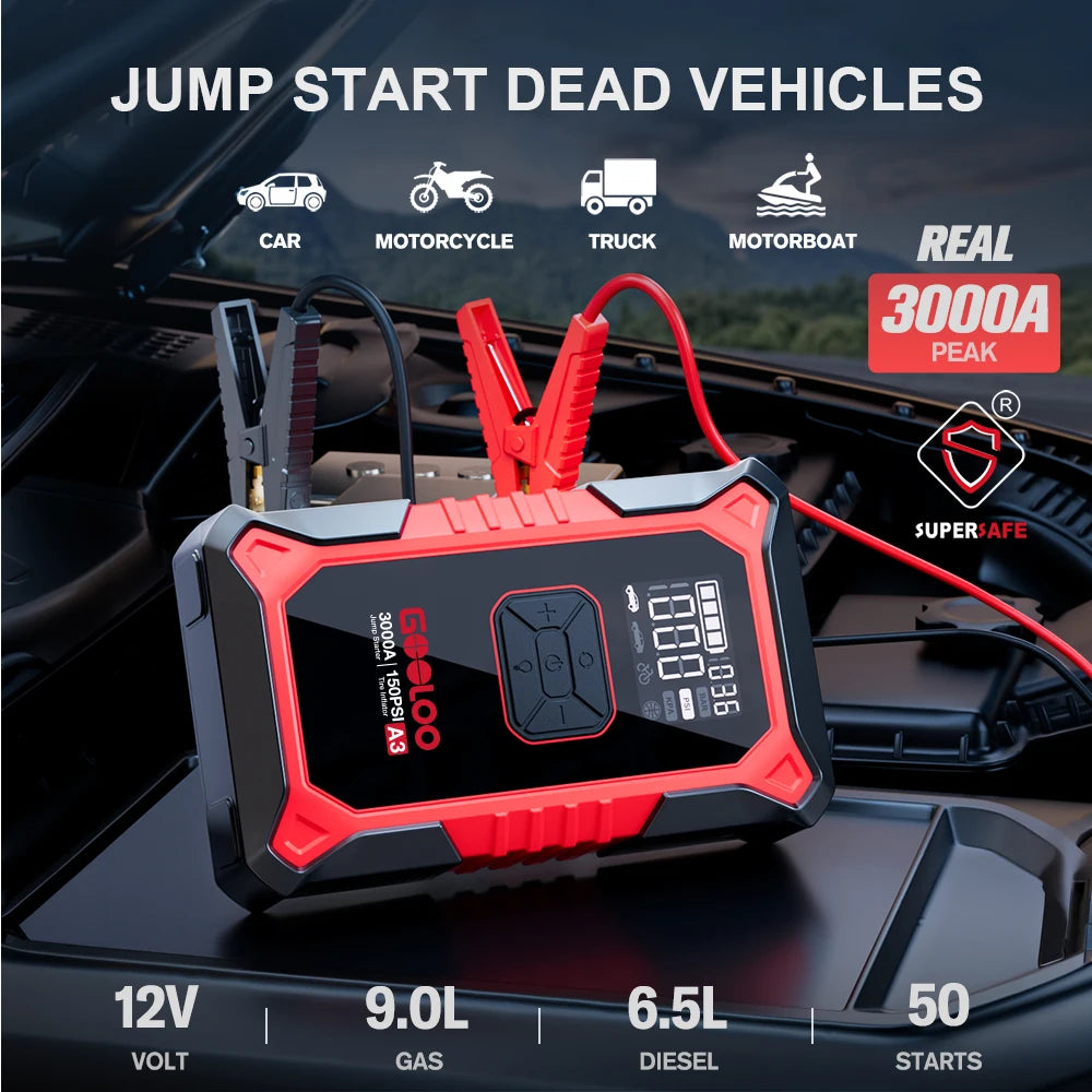 GOOLOO A3 Jump Starter with Air Compressor, 3000A Portable Car Battery Booster (9.0 Gas/6.5L Diesel) with 150PSI Auto-Shutoff Ti