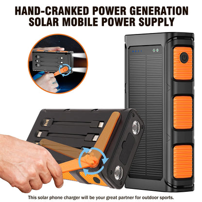 20000mAh Portable Solar Power Bank 20W Fast Charging USB C Hand-Crank Generator Dual LED Flashlights for Outdoor Camping Hiking