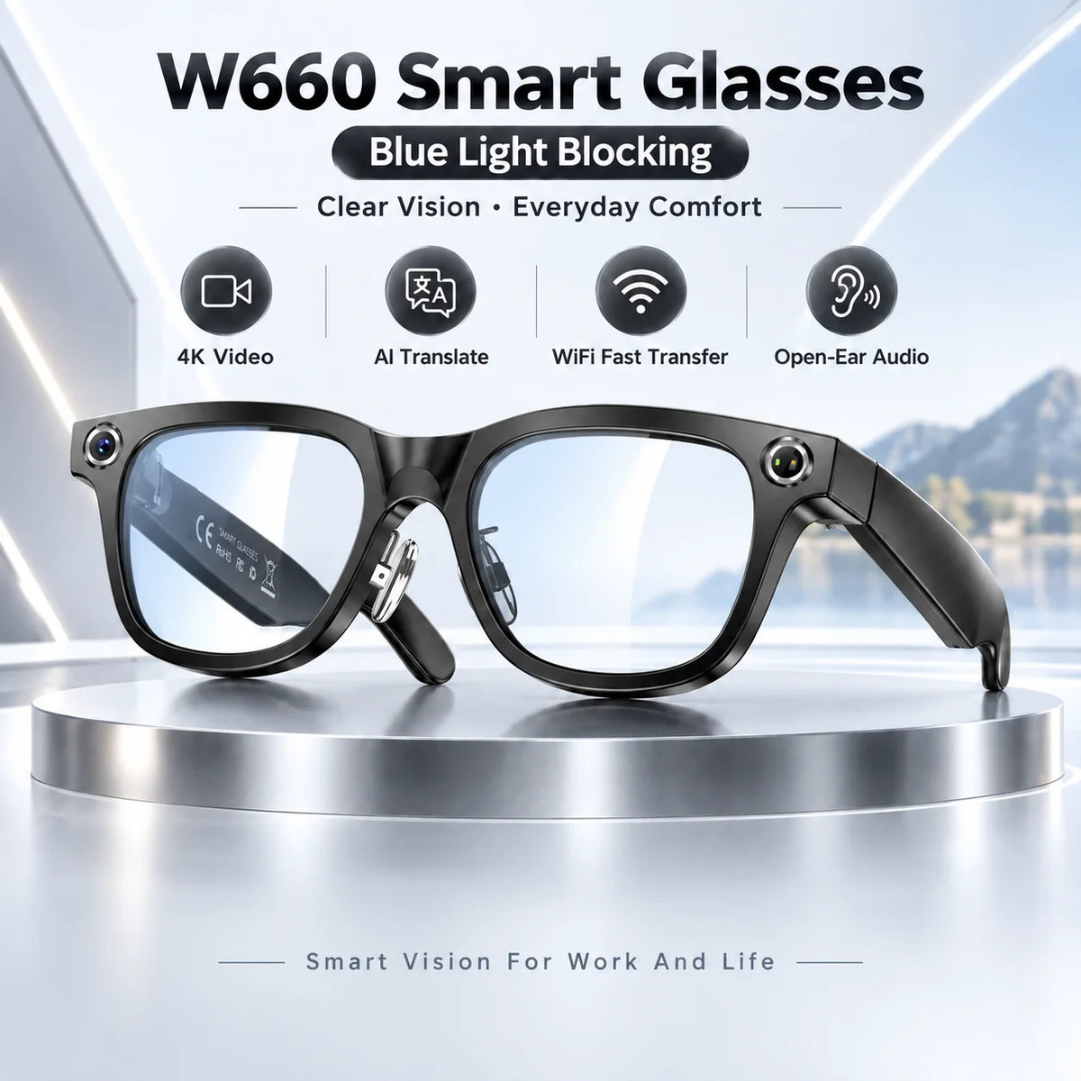 NEW AI Smart Glasses with 4K Camera 20MP Video Recording WiFi6 Voice Translation Open Ear Audio Bluetooth Smart Eyewear