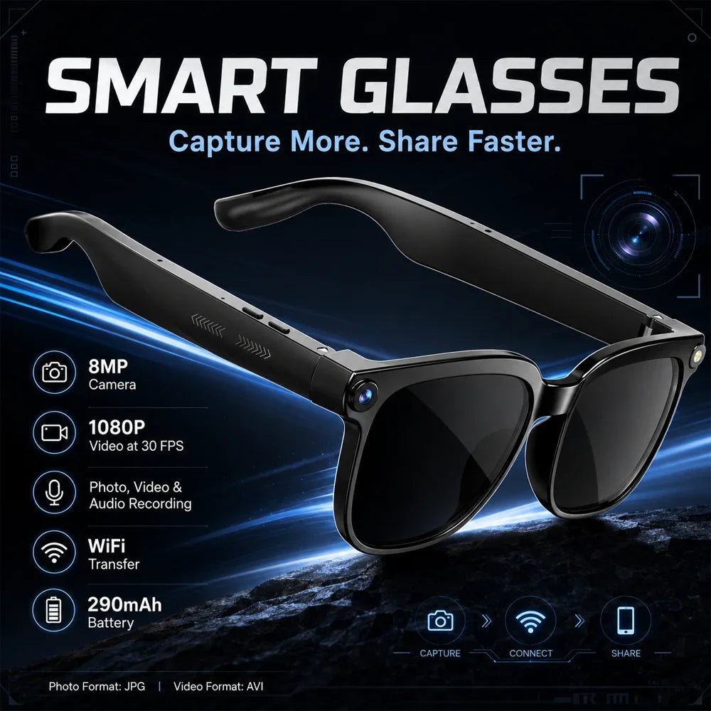 2026 New Video Shooting Smart Glasses, Two Standard Replacement Lenses, Photo And Video AI Glasses, 800W Pixel Ultra-Wide-Angle Camera, High-Definition Video 1080P, Photography And Video Stabilization, Dual Microphone Noise R