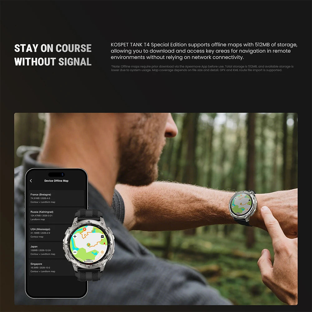 KOSPET TANK T4 Special Edition GPS Smartwatch Men Military Watch with 2 Bracelets 10ATM Offline Maps 180+ Sports Model