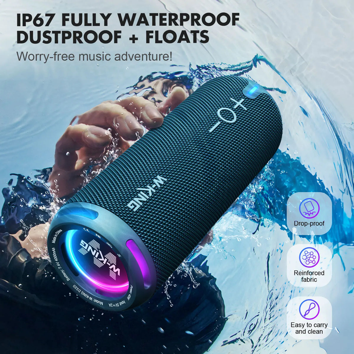 W-KING D320 Blue Bluetooth Speaker 40W Portable Wireless IP67 Waterproof Bluetooth 5.3 Deep Bass 24H Playtime Stereo Speaker