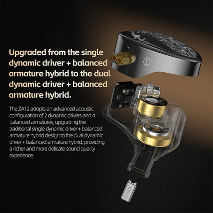 KZ ZA12 In Ear Earphones Wired IEM Headphones 2DD 4BA Hybrid Earbuds With 4 Step Tuning Switch Silver Plated Detachable Cable HiFi Audio For Audiophiles Musicians Gaming